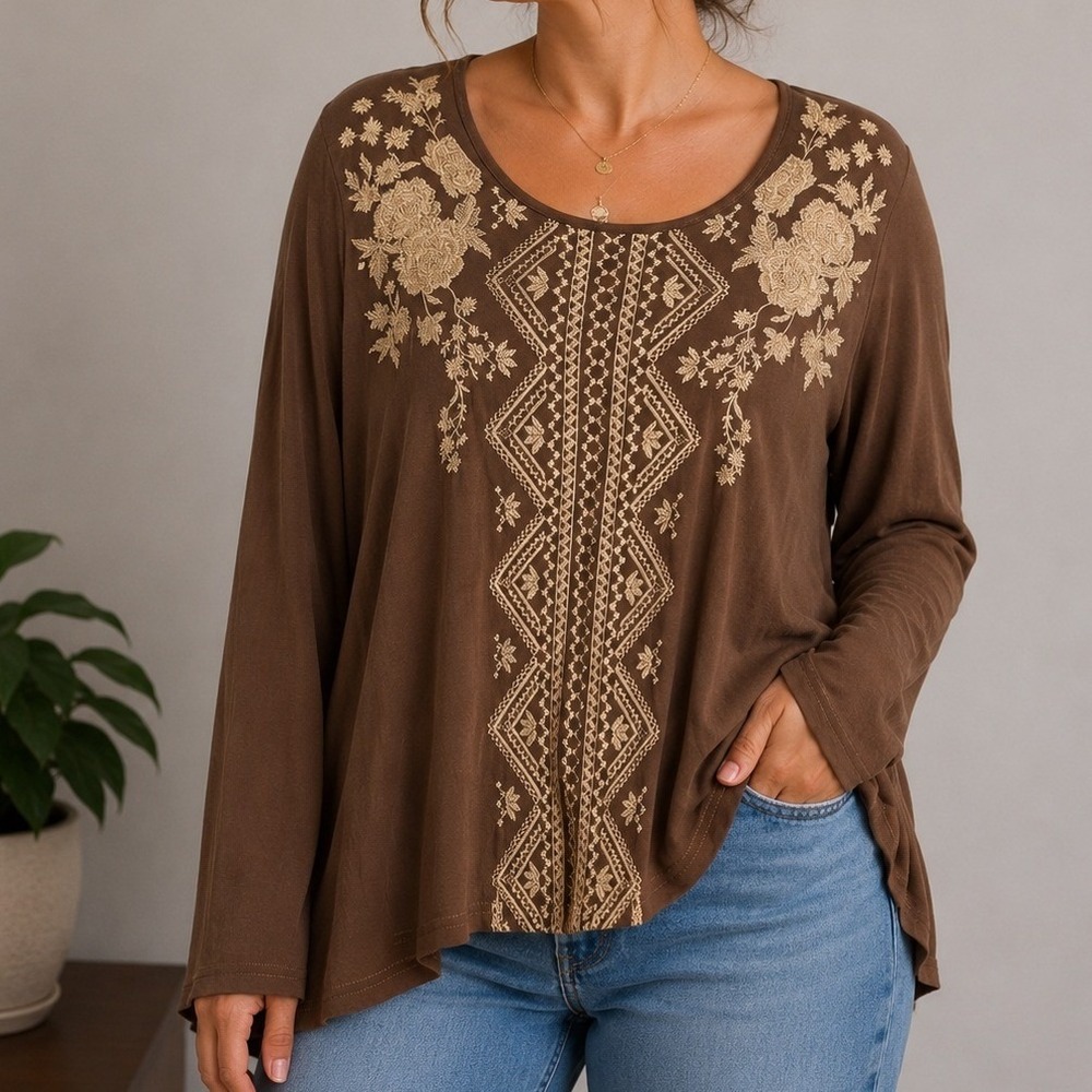Andree by Unit Embroidered Boho Top Small Brown Floral Western Cottagecore Folk